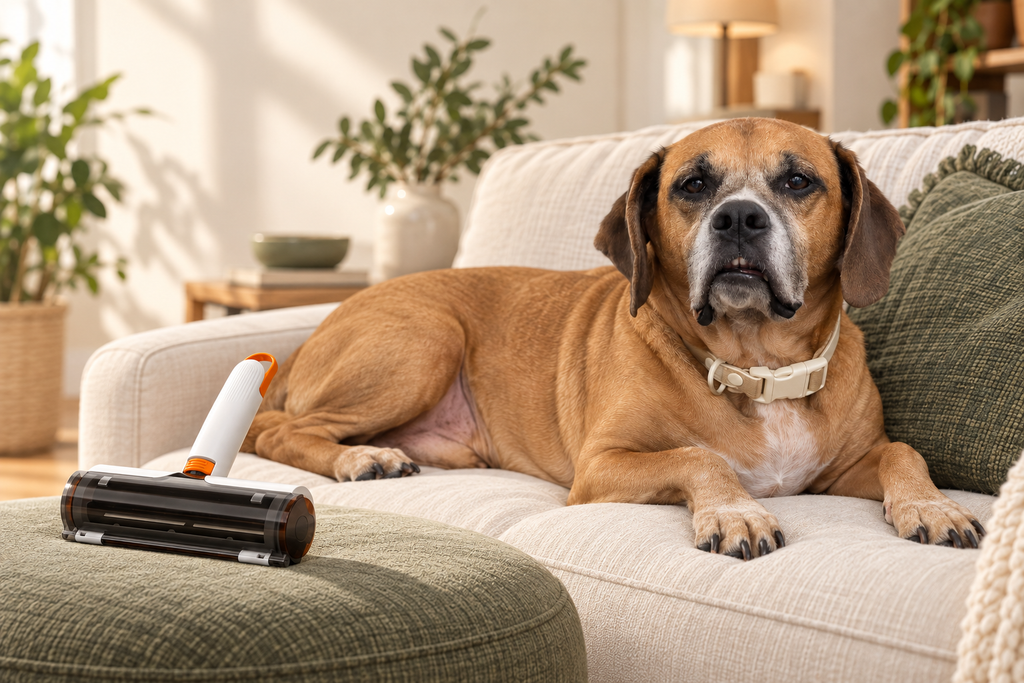 Hank with the pet hair roller — AI-styled lifestyle scene